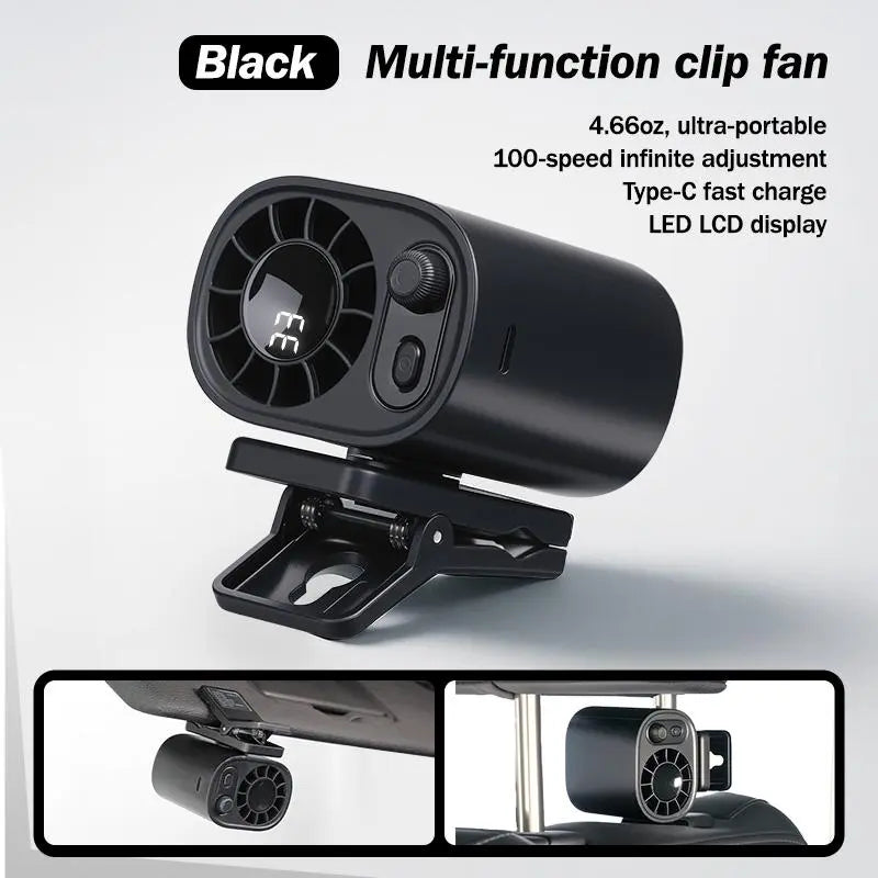 Joytutus 100-Speed Rechargeable Car Clip-On Fan with LCD Display - Portable and Quiet Cooling Solution for Backseat, Sun Visor, and Road Trips