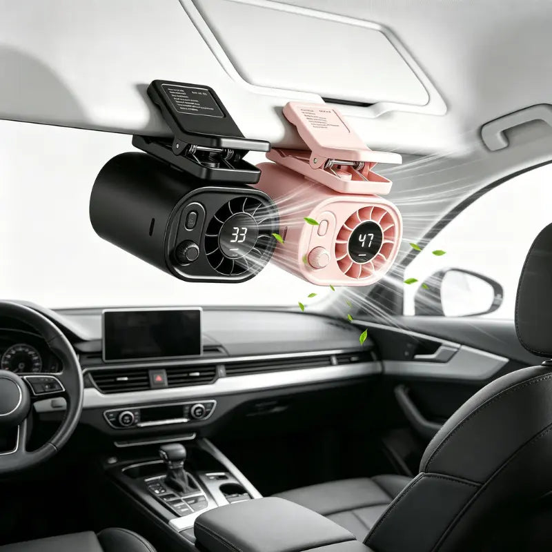 Joytutus 100-Speed Rechargeable Car Clip-On Fan with LCD Display - Portable and Quiet Cooling Solution for Backseat, Sun Visor, and Road Trips