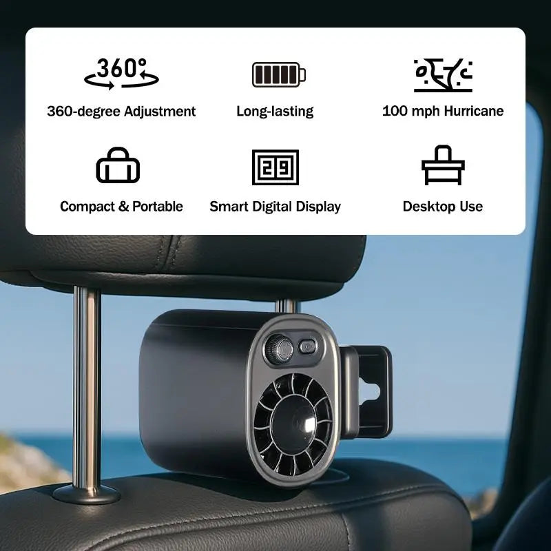Joytutus 100-Speed Rechargeable Car Clip-On Fan with LCD Display - Portable and Quiet Cooling Solution for Backseat, Sun Visor, and Road Trips